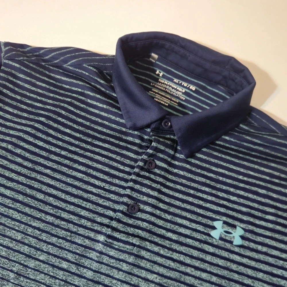 Under Armour Playoff Polo Shirt‎ Mens XL Orange Teal Striped HeatGear Lot 2pc